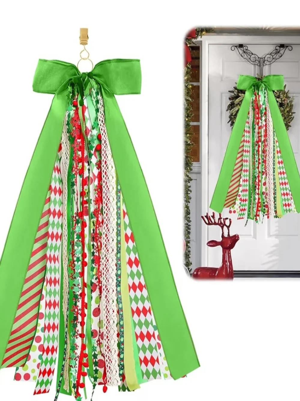 Green Red White Holiday Bow Door Hanger. NWT.
